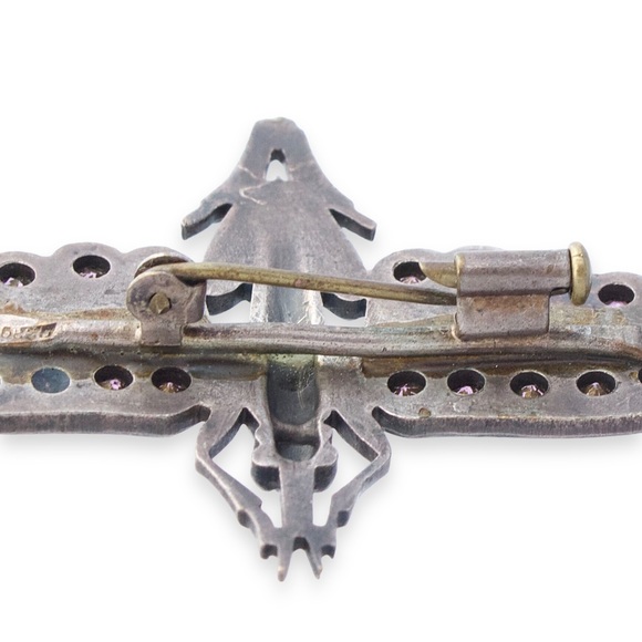 Vintage French Grasshopper Brooch Silver Plate Purple Rhinestone Locust Insect - Picture 5 of 7